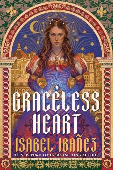 Book cover of "Graceless Heart" by Isabel Ibañez. A woman in a vibrant, medieval-style gown holds a glowing heart against a castle backdrop under a starry night sky.