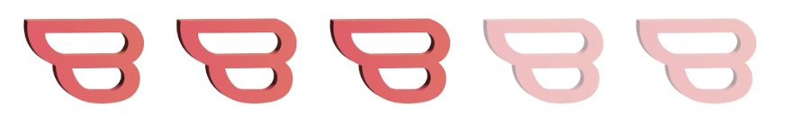 Five coral Bookstr logos in the shape of "B" aligned in a horizontal line. The three on the left are opaque while the two on the right are transparent.