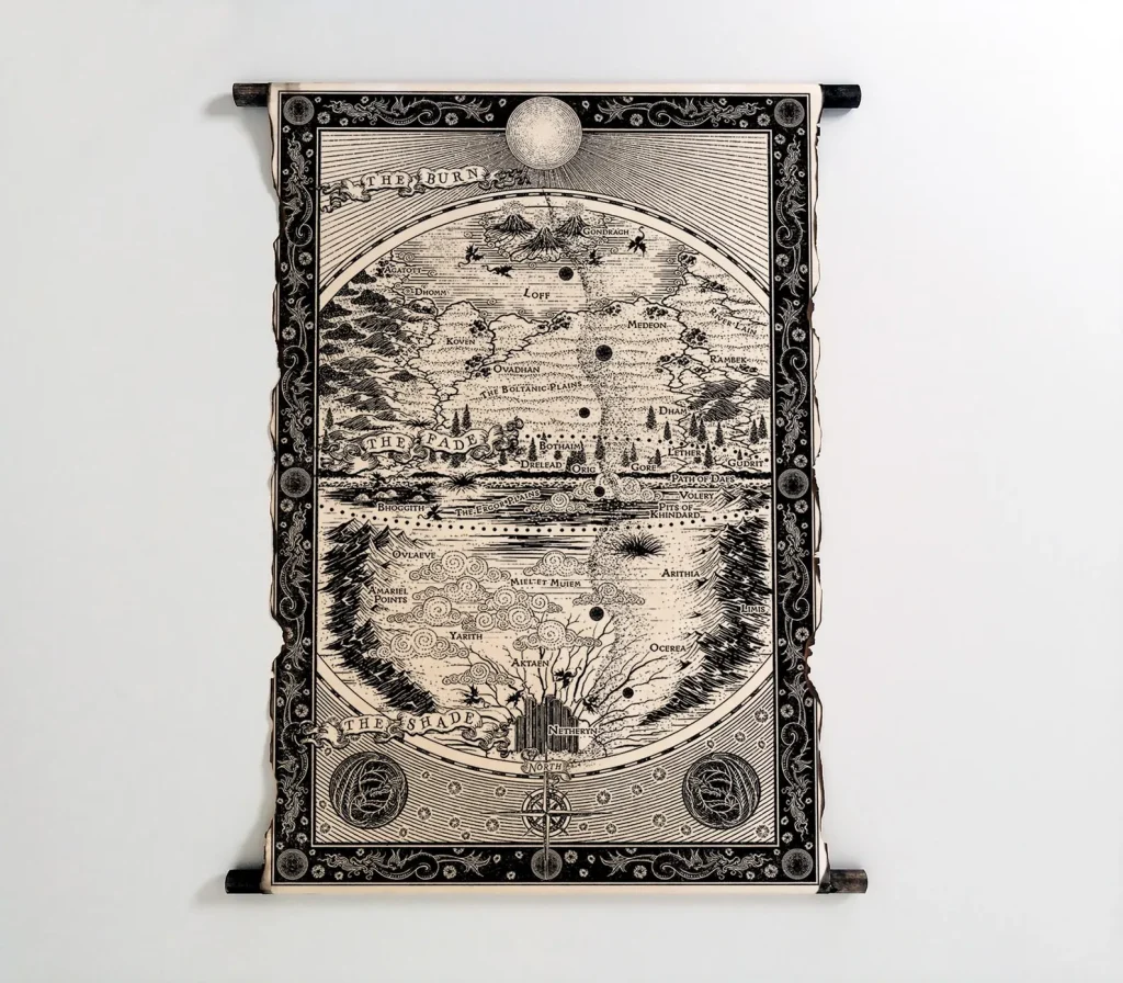 The image features a map of a circular world with a piece of wood holding on the top and bottom. The map contains forest areas, oceans, and moons scattered across it.