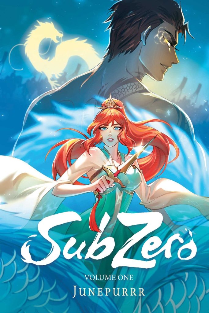 SubZero Volume One by Junepurrr, a fantasy book cover featuring a woman with red hair holding a glowing sword. A dragon silhouette and a man's profile appear in the background.