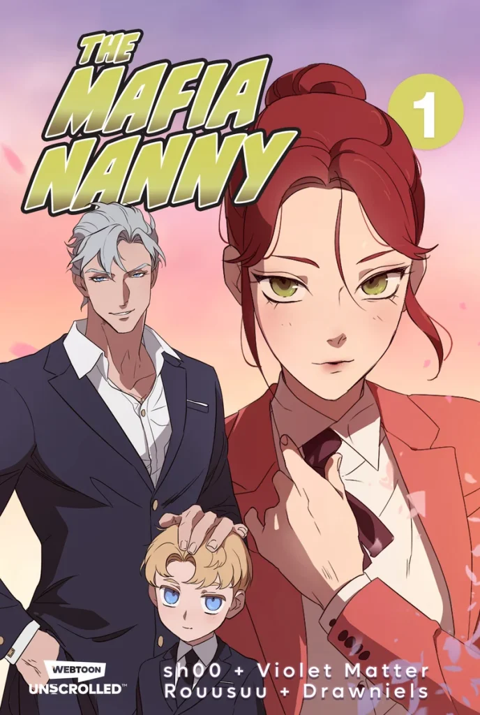 The Mafia Nanny Vol. 1 by SH00, Violet Matter, and Rouusuu, a romance/comedy WEBTOON cover featuring a serious red-haired woman in a suit, a confident man in a black suit, and a young child with a serene pastel sky in the background.