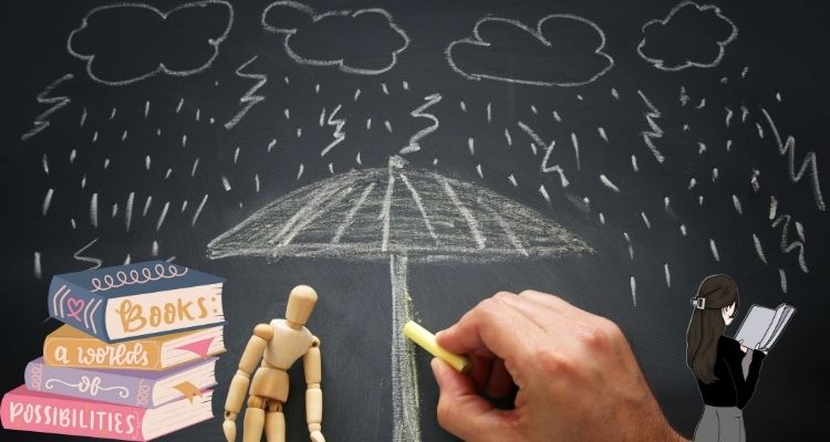 Background is a chalk drawing of an umbrella with rain and lightning. There is a wooden figure under the umbrella and a hand drawing the umbrella. To the left is a stack of colorful books and to the right is a cartoon girl reading a book.