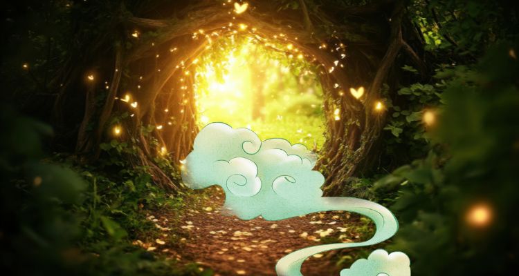 There is a dark green forest, with a dirt path leading towards an archway. The archway consists of bent trees to make a circle. There are yellow glowing bugs flying out of the archway and past is a bright green opening. There is a blue smoke leading to the opening on the floor.
