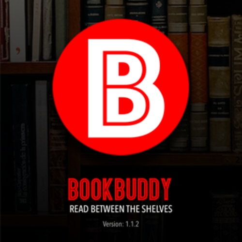 Book Buddy icon depicts a red circle with a white 'B' in it against a transparent image of old books and the tagline 'Read Between the Shelves.'