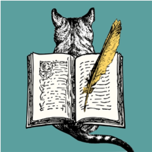 Bookopedia app icon depicts the back of a cat with an opened book and a yellow quill in front of it.