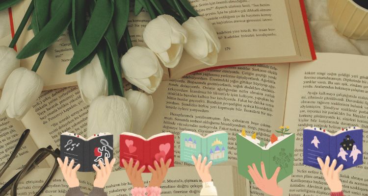 The image features open books with white roses and glasses placed on top. On the bottom border are hands with open books, with one with a man with a magnifying glass, a heart, a castle, leaves, and ghosts.