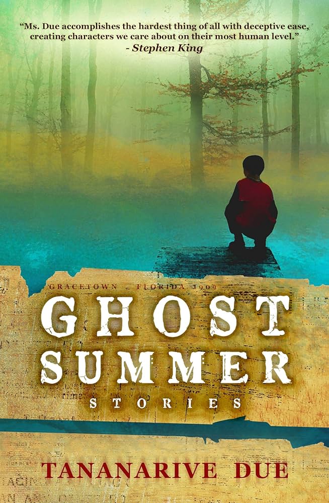 Ghost Summer by Taranarive Due featuring a child hunched over at a river, against a forest backdrop.