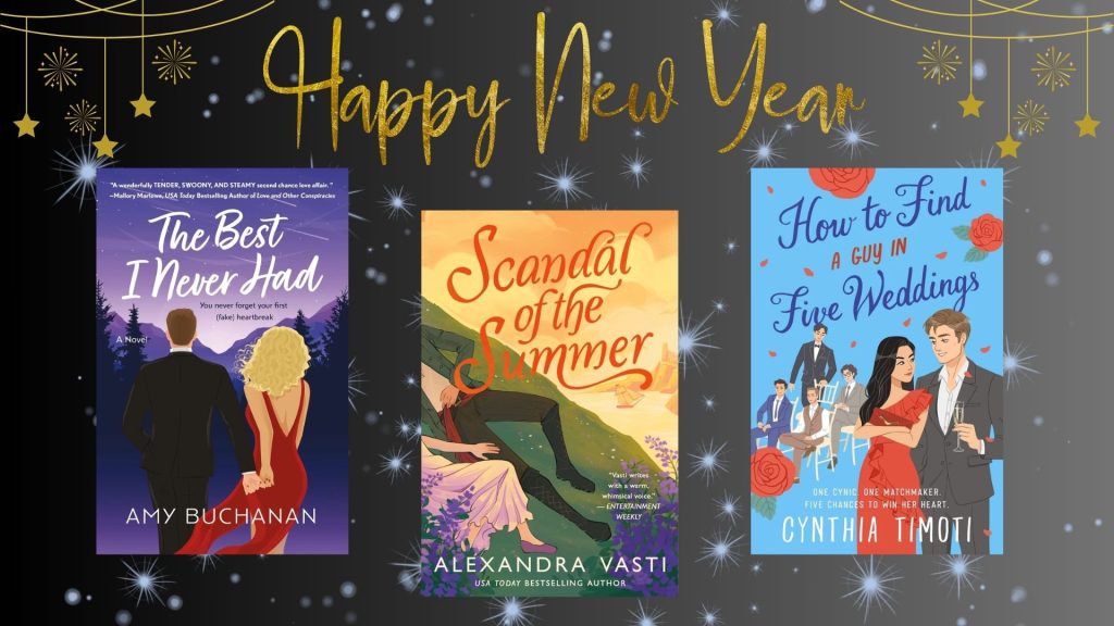 Three romance book covers on a new years background.