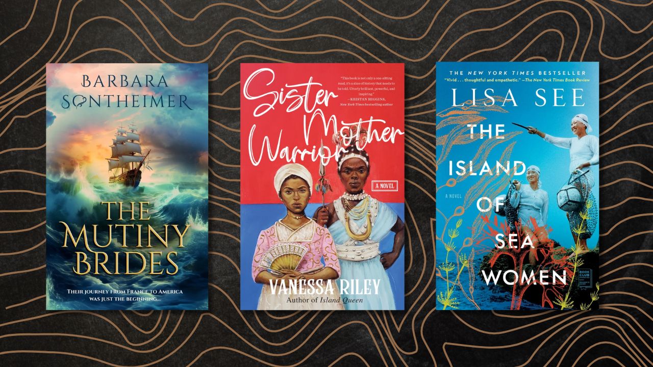 Three book covers: The Mutiny Brides, Sister Mother Warrior, and The Island of Sea Women, against a black backdrop with brown swirls.