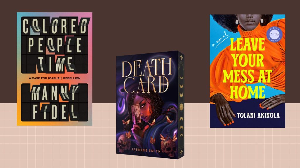 Three book covers, Colored People Time by Manny Fidel, Death Card by Jasmine Smith, and Leave Your Mess at Home by Tolani Akinola, arranged on a brown and beige grid background.
