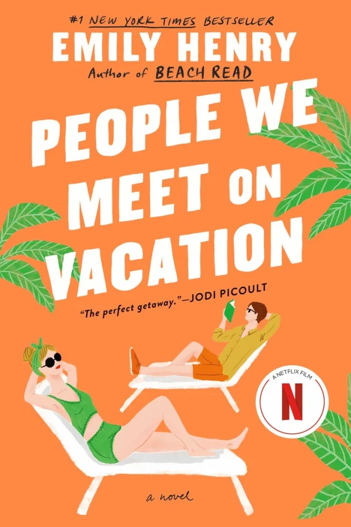 "People We Meet on Vacation" by Emily Henry, an orange book cover with two figures lying on a lounge chair.