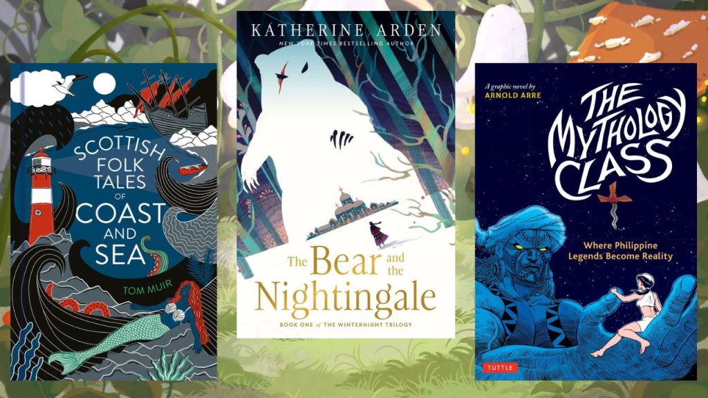 A rectangular image featuring three book covers on the background of a green forest.