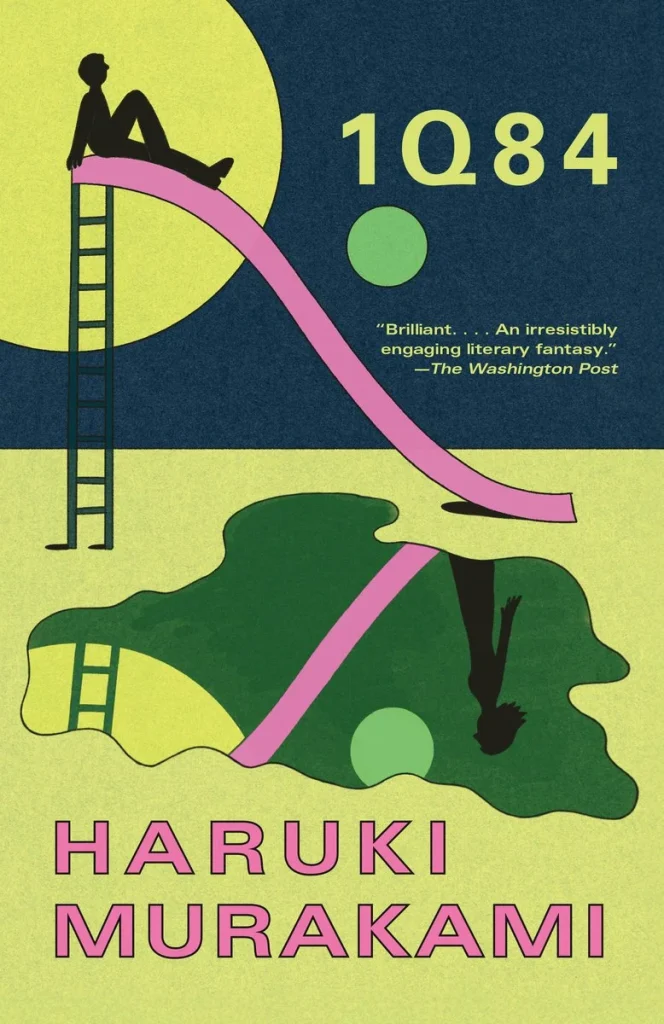 1Q84 by Haruki Murakami, a fiction novel cover with the black silhouette of a man sitting on top of a pink slide with a yellow circle behind him in a navy blue sky and a smaller green circle nearby. A puddle sits under the slide, reflecting the slide and a woman's black silhouette.