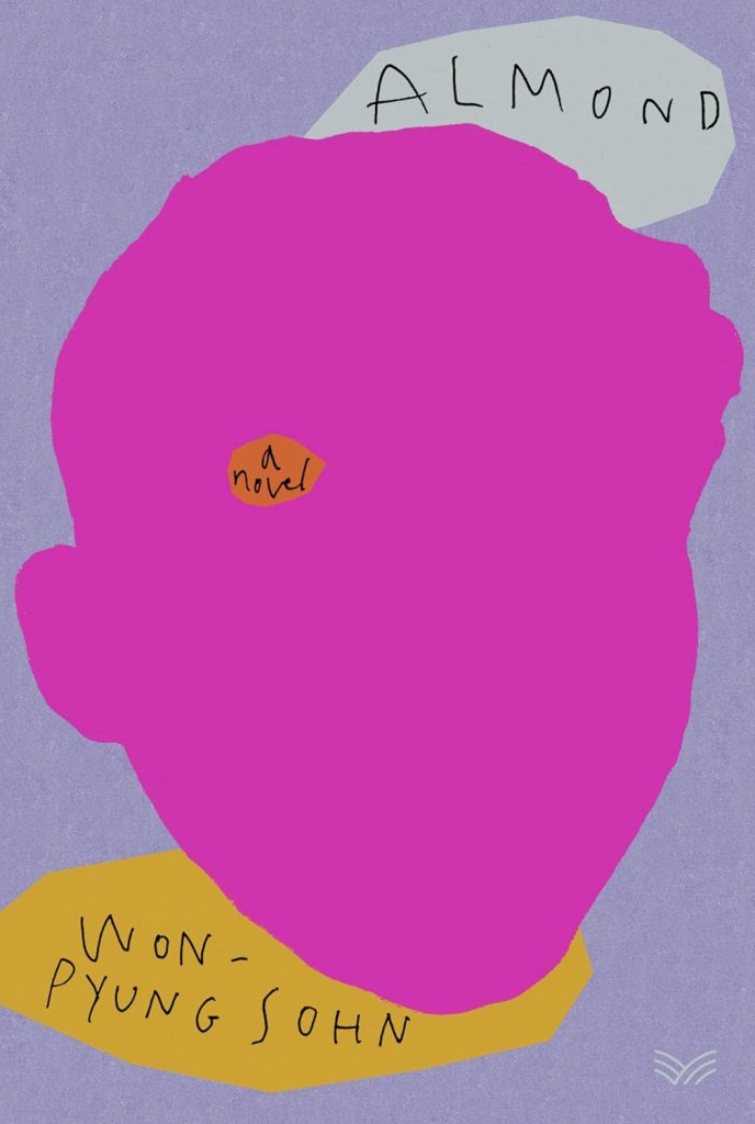 Almond by Sohn Won-pyung (Won-Pyung Sohn in the English naming order), a fiction novel cover depicting the pink silhouette of a boy's head over a heather gray background. The words "a novel" are written inside a small orange oval on the upper left side of the head.