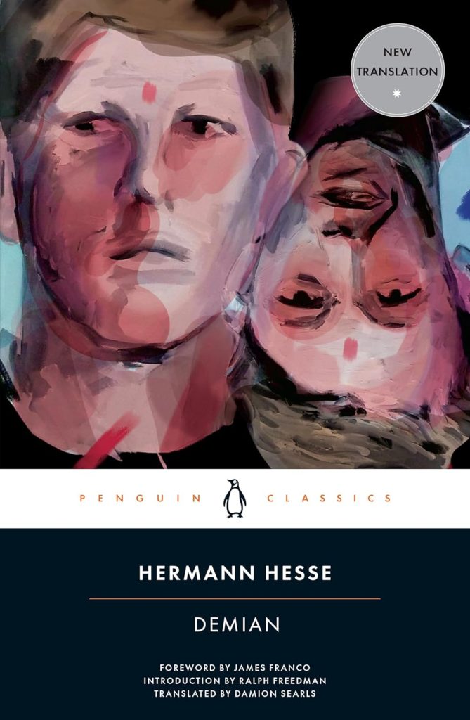 Demian by Hermann Hesse, a fiction novel cover in the Penguin Classics style depicting two young white men with dark blond hair and black shirts. They're positioned next to each other with the one on the left upright and looking to the side and the one on the right positioned upside down and looking at the viewer.