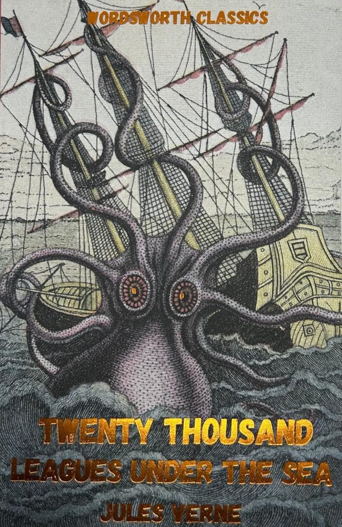 Twenty Thousand Leagues Under the Sea by Jules Verne, a sci-fi novel cover depicting a massive gray octopus with gold eyes winding its tentacles around a ship's masts in a gray sea.