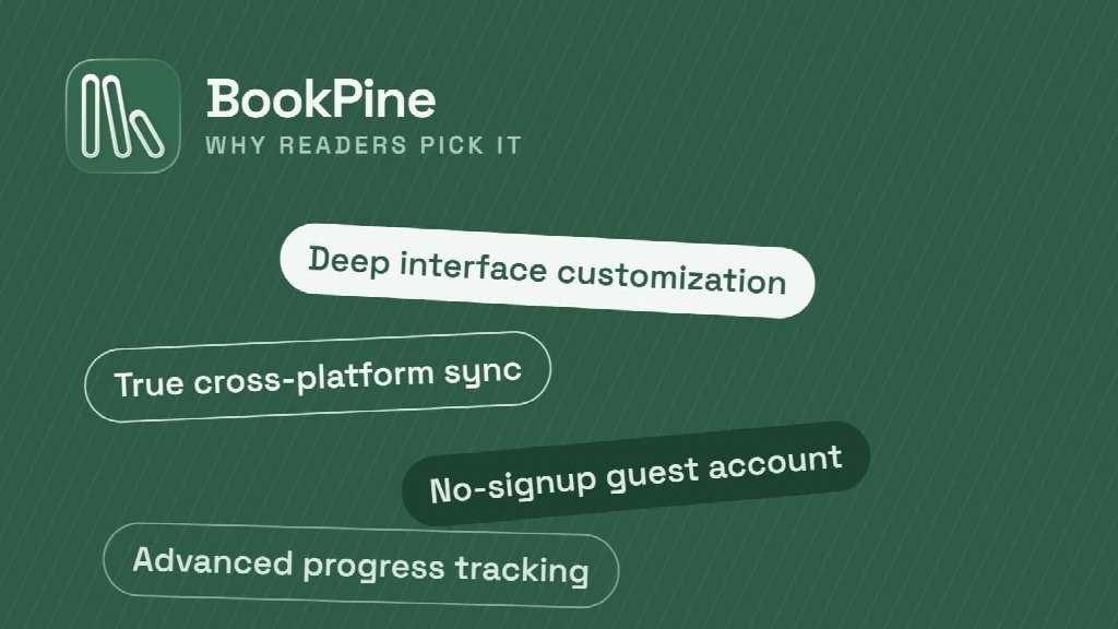 Green background with "BookPine" in white ink in the upper left next to logo. Four text bubbles read: "Deep interface customization", "True cross-platform sync", "No-signup guest account", and "Advanced progress tracking"