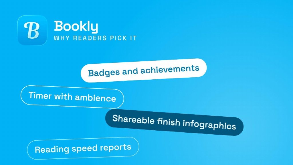 Blue background with "Bookly" written in white text in the upper left next to its logo. Below are four rounded bubbles that read: "Badges and achievements", "Timer with ambience", "Shareable finish infographics", "Reading speed reports"