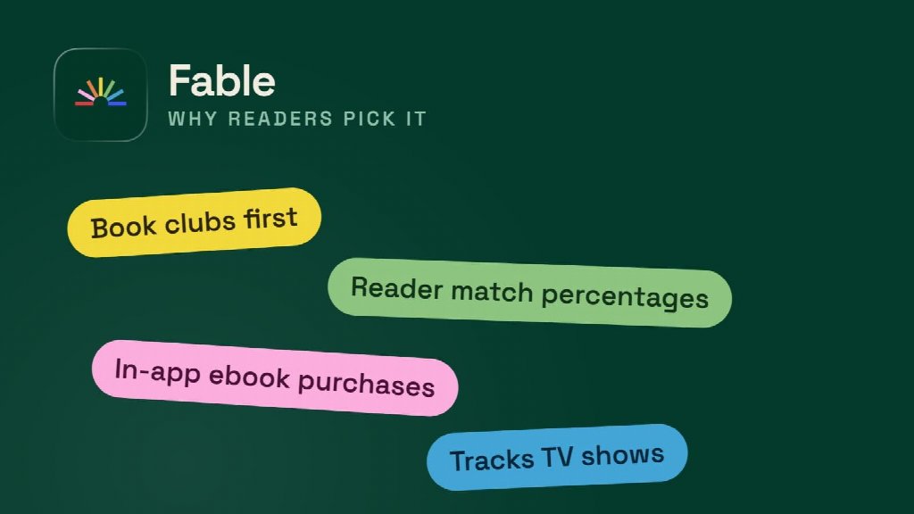 Green background with "Fable" written in white text in the upper left next to its logo. Below are four rounded bubbles that read: "Book clubs first", "Reader match percentages", "In-app ebook purchases", "Tracks TV shows"