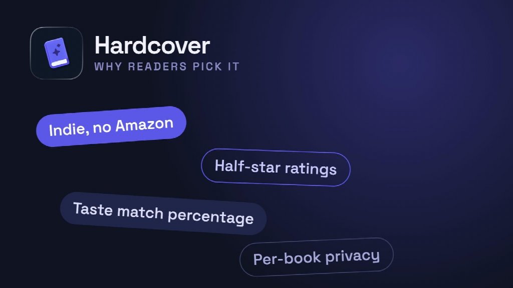 Purple background with "Hardcover" written in white text next to it's logo. Four rounded bubbles read: "Indie, no Amazon", "Half-star ratings", "Taste match percentage", "Per-book privacy"