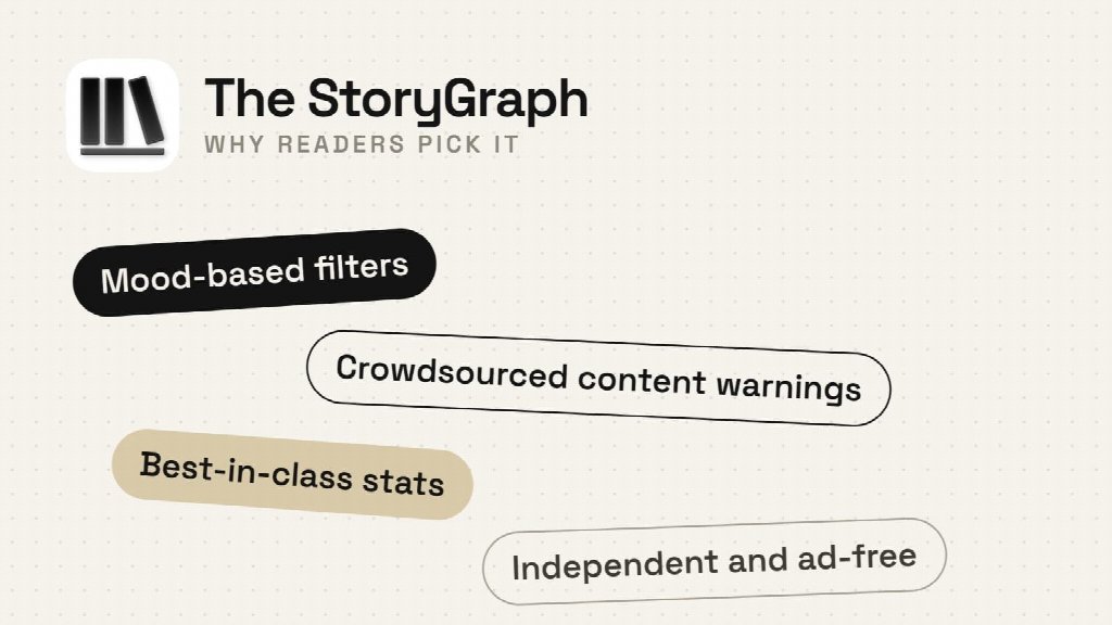 White background with "The StoryGraph" written in black text in the upper left next to its logo. Four rounded text bubbles of varying colors read: "Mood-based filters", "crowdsourced content warnings", "Best-in-class stats", and "Independent and ad-free"