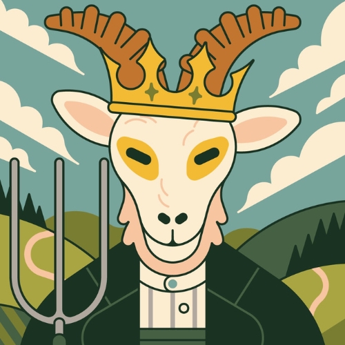 A cartoon image of a white, humanoid goat with a beard, holding a pitchfork, and standing before a background of green hills. He has big yellow eyes, a golden crown and brown horns.